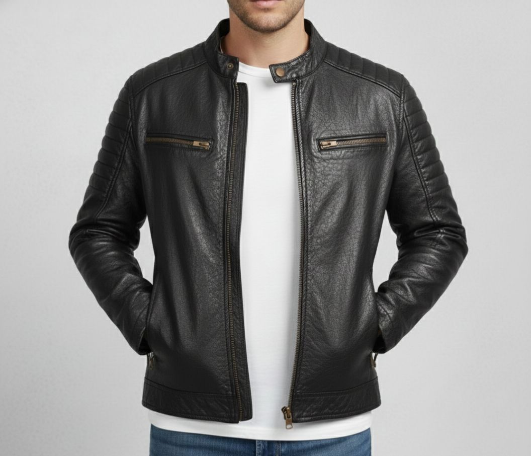 Men’s Premium Black Genuine Leather Biker Jacket – Quilted Shoulder, Zippered Pockets, Modern Fit View Gallery - Pakistan