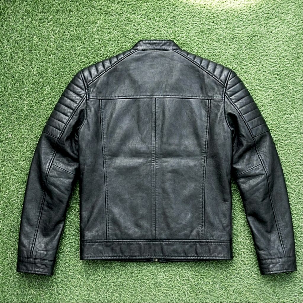 Men’s Premium Black Genuine Leather Biker Jacket – Quilted Shoulder, Zippered Pockets, Modern Fit View Gallery - Pakistan
