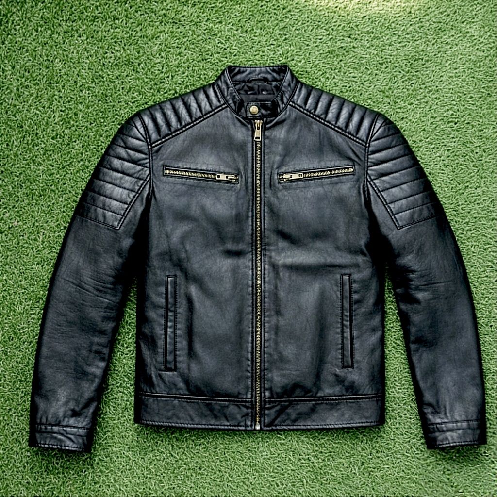 Men’s Premium Black Genuine Leather Biker Jacket – Quilted Shoulder, Zippered Pockets, Modern Fit View Gallery - Pakistan