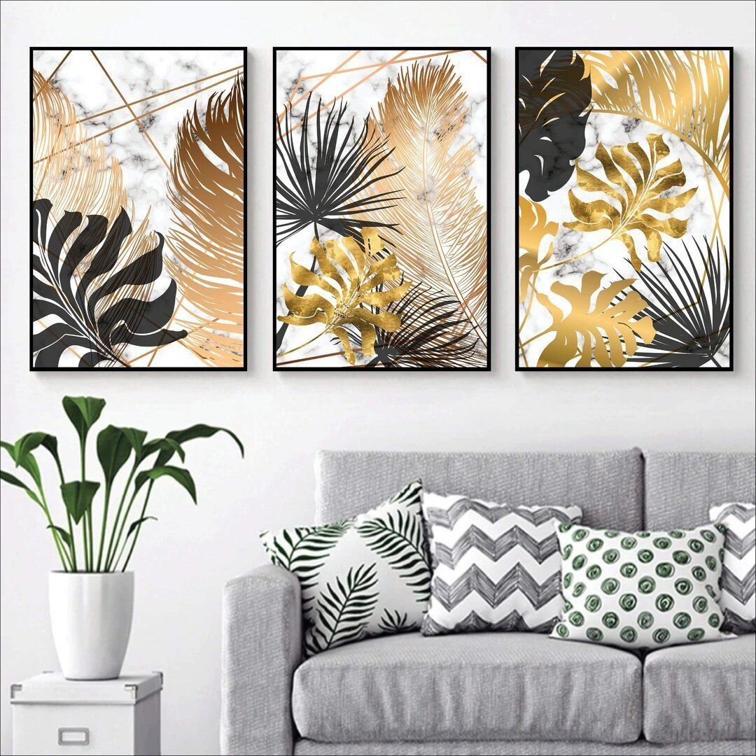 3pcs Black And Gold Leafs Design Stickytiles Frame Providing Elegant Artistic Pattern Stylish Look