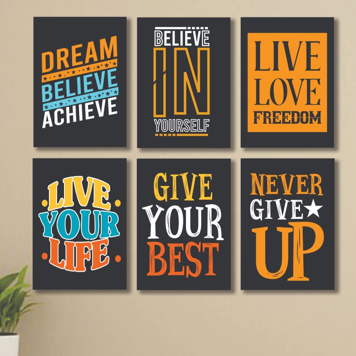 set of 6 Motivational sticky canvas frames for wall decore / sticky phototiles View Gallery - Pakistan