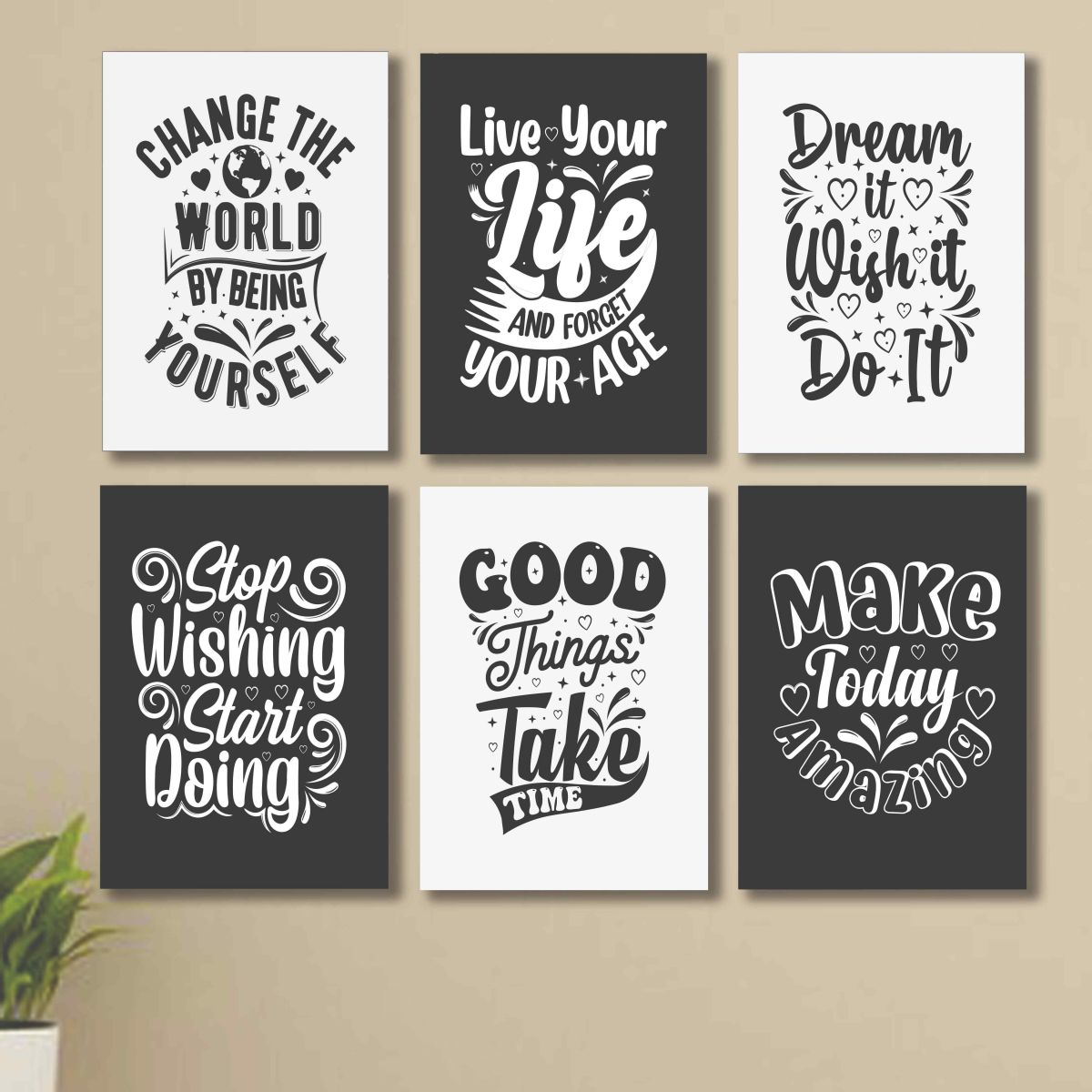 set of 6 Motivational sticky canvas frames for wall decore / sticky phototiles