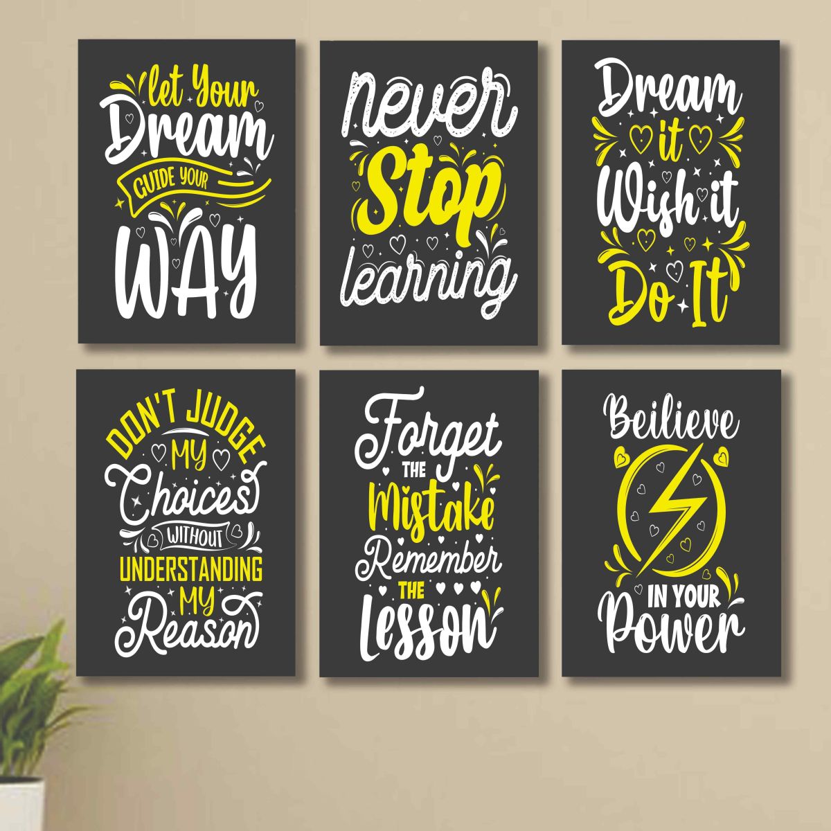 set of 6 Motivational sticky canvas frames for wall decore / sticky phototiles