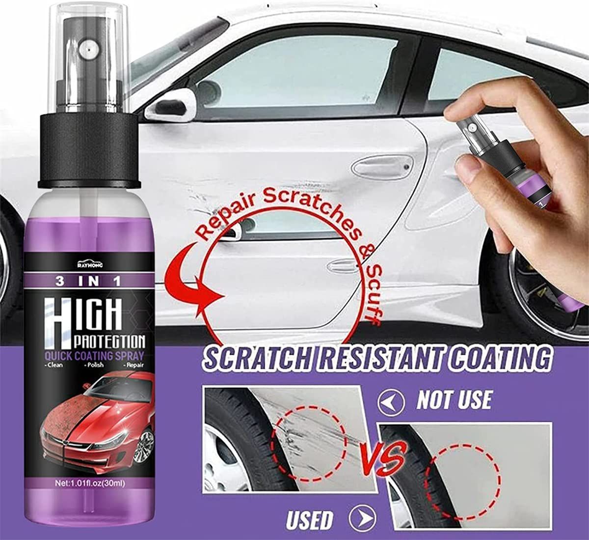 Rayhong 3-in-1 High Protection Quick Coating Spray - Ceramic Waterless Wash, Polish &amp; Paint Sealant - Scratch Repair &amp; Scuff Remover (30ml)