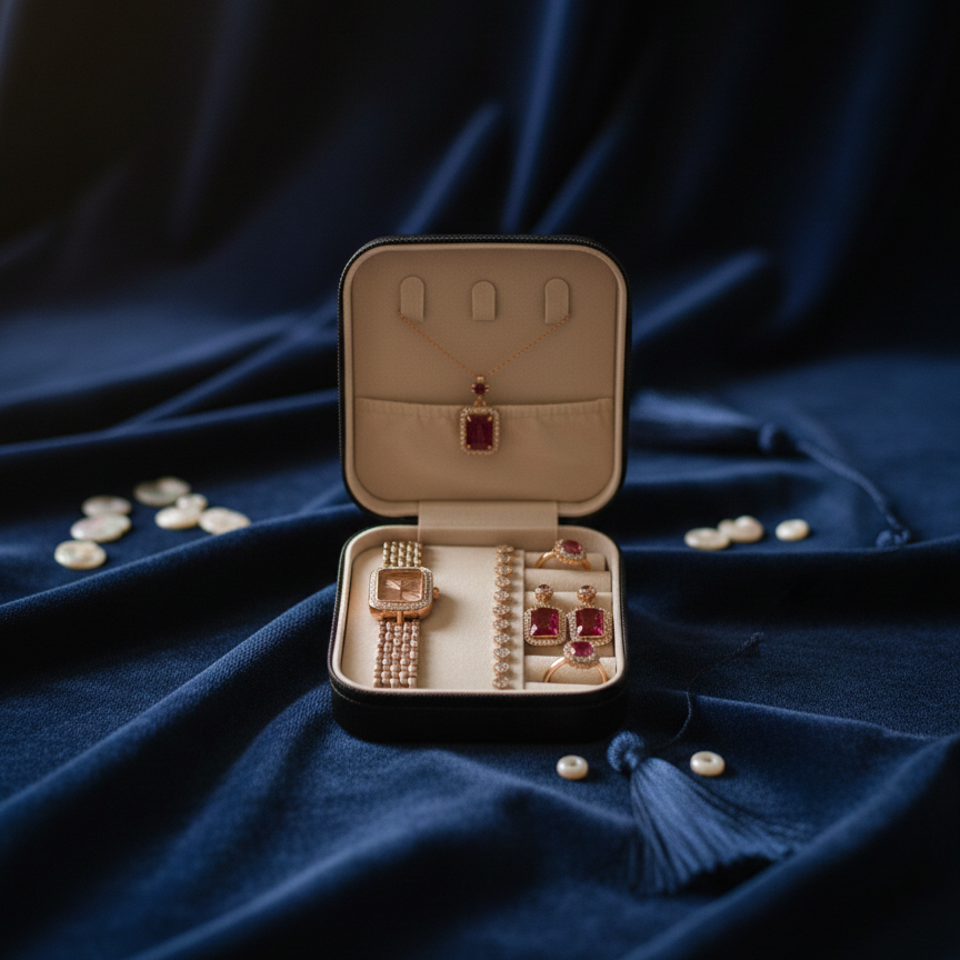 Elegant 6-Piece Rose Gold &amp; Ruby Red Jewelry Gift Set – Includes Crystal-Encrusted Watch, Pendant Necklace, Matching Earrings, Tennis Bracelet, and Dual Statement Rings with Luxury Travel Case