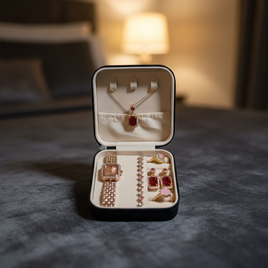 Elegant 6-Piece Rose Gold & Ruby Red Jewelry Gift Set – Includes Crystal-Encrusted Watch, Pendant Necklace, Matching Earrings, Tennis Bracelet, and Dual Statement Rings with Luxury Travel Case View Gallery - Pakistan
