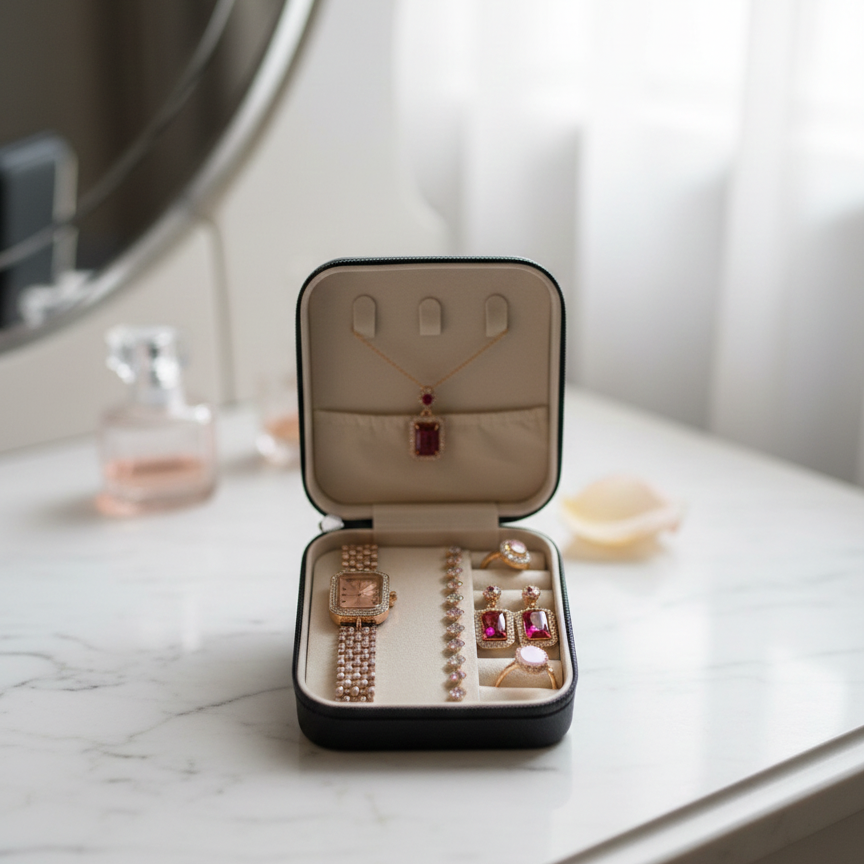 Elegant 6-Piece Rose Gold & Ruby Red Jewelry Gift Set – Includes Crystal-Encrusted Watch, Pendant Necklace, Matching Earrings, Tennis Bracelet, and Dual Statement Rings with Luxury Travel Case View Gallery - Pakistan