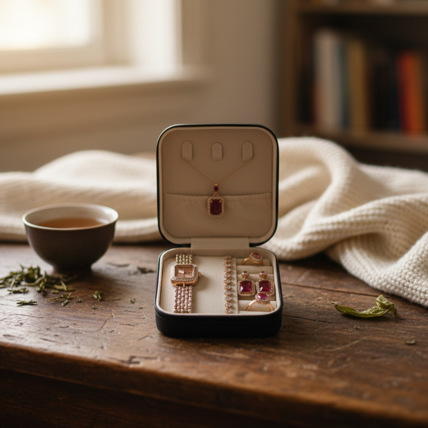 Elegant 6-Piece Rose Gold & Ruby Red Jewelry Gift Set – Includes Crystal-Encrusted Watch, Pendant Necklace, Matching Earrings, Tennis Bracelet, and Dual Statement Rings with Luxury Travel Case View Gallery - Pakistan