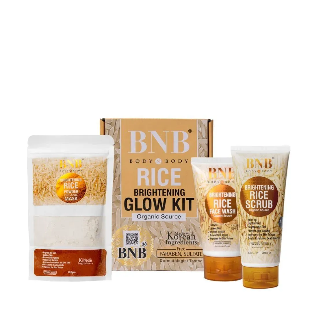 BNB Rice Brightening Glow Kit – Organic Rice Face Wash, Rice Scrub &amp; Rice Powder Mask for Radiant &amp; Even Skin Tone