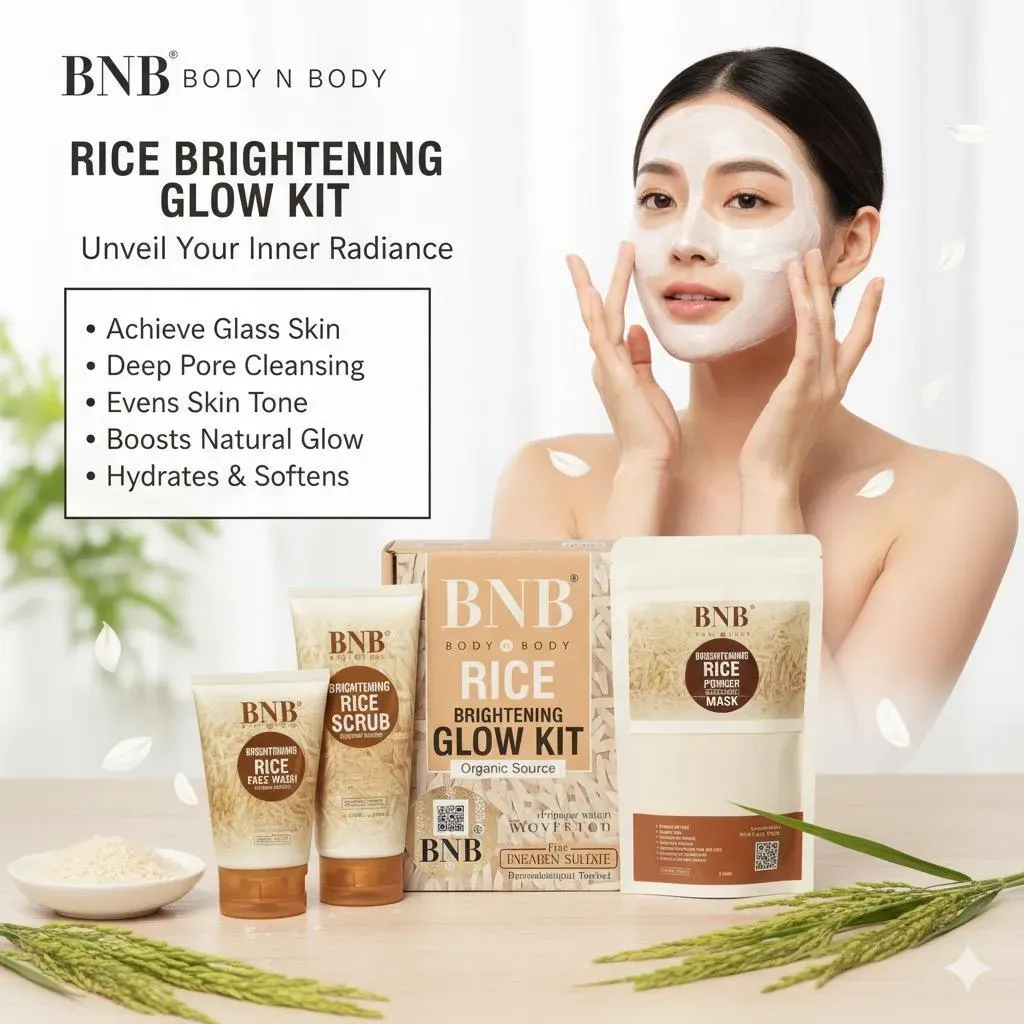 BNB Rice Brightening Glow Kit – Organic Rice Face Wash, Rice Scrub & Rice Powder Mask for Radiant & Even Skin Tone View Gallery - Pakistan