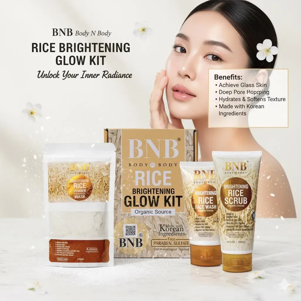 BNB Rice Brightening Glow Kit – Organic Rice Face Wash, Rice Scrub & Rice Powder Mask for Radiant & Even Skin Tone View Gallery - Pakistan