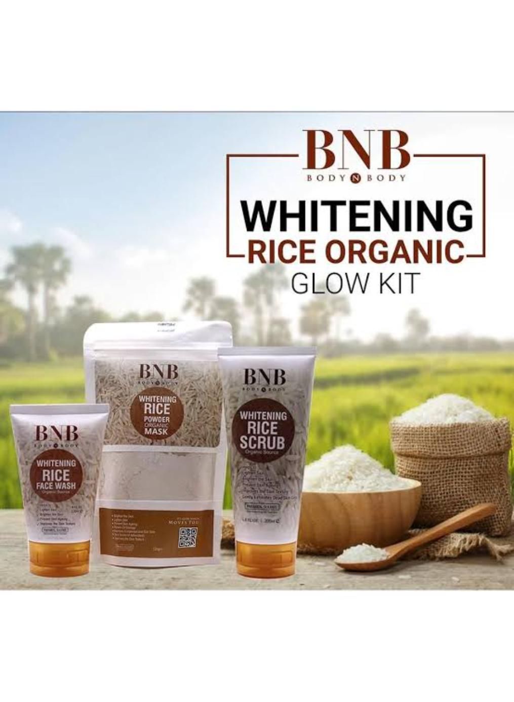 BNB Rice Brightening Glow Kit – Organic Rice Face Wash, Rice Scrub & Rice Powder Mask for Radiant & Even Skin Tone View Gallery - Pakistan