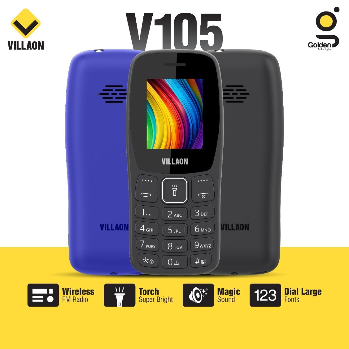 Villaon V105 Dual SIM Feature Phone – Ultra-Bright Torch, Wireless FM Radio, and Large Font Display for Enhanced Accessibility