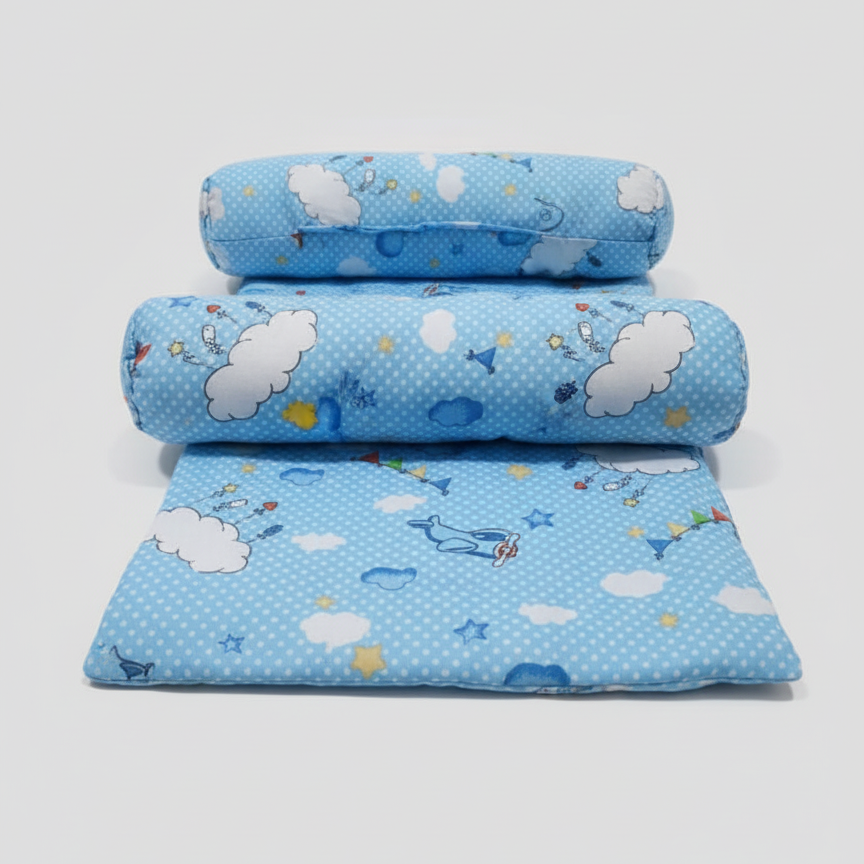 Sleep Support Set – Soft Cotton Quilted Mattress with Dual Side-Positioning Bolster Pillows | Sky Blue Cloud & Aviation Theme View Gallery - Pakistan