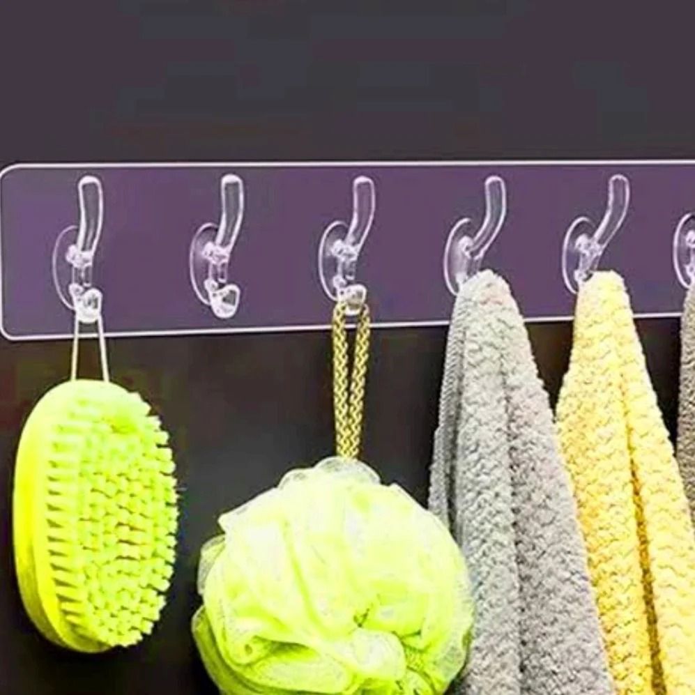 Pack of 3 Transparent 6‑Hooks Hanger | Self Adhesive | Waterproof & Reusable Wall Hooks | Multipurpose Strong Clips View Gallery - Pakistan