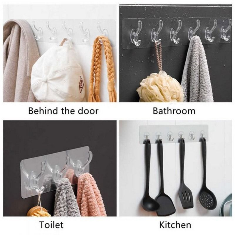 Pack of 3 Transparent 6‑Hooks Hanger | Self Adhesive | Waterproof & Reusable Wall Hooks | Multipurpose Strong Clips View Gallery - Pakistan
