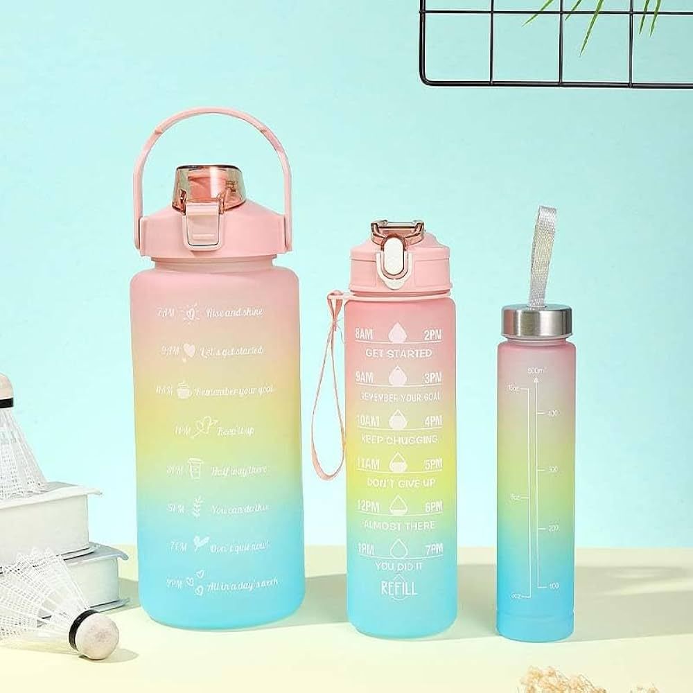 3-Piece Motivational Water Bottle Set with Time Markers & Straw – Leak-Proof, BPA-Free Frosted Gradient Ombre Jugs (2L, 900ml, and 300ml) for Fitness, Gym, and Outdoor Sports View Gallery - Pakistan