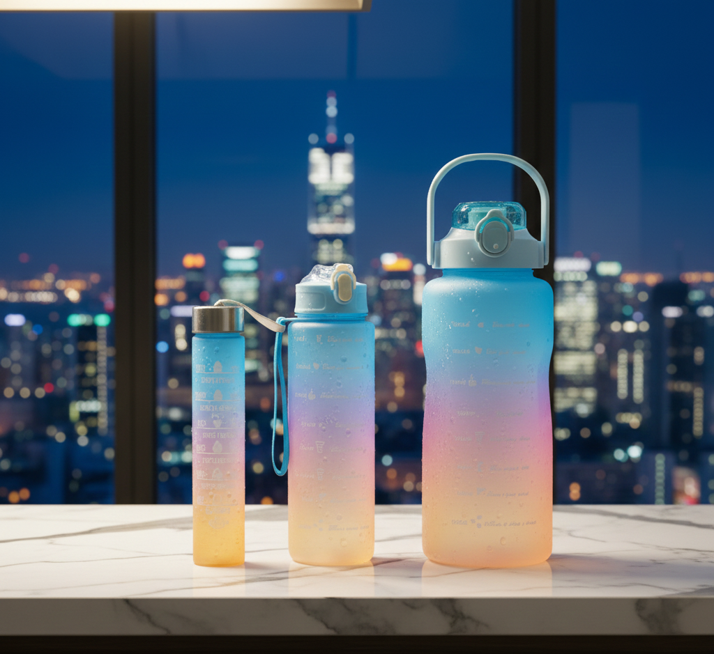 3-Piece Motivational Water Bottle Set with Time Markers & Straw – Leak-Proof, BPA-Free Frosted Gradient Ombre Jugs (2L, 900ml, and 300ml) for Fitness, Gym, and Outdoor Sports View Gallery - Pakistan