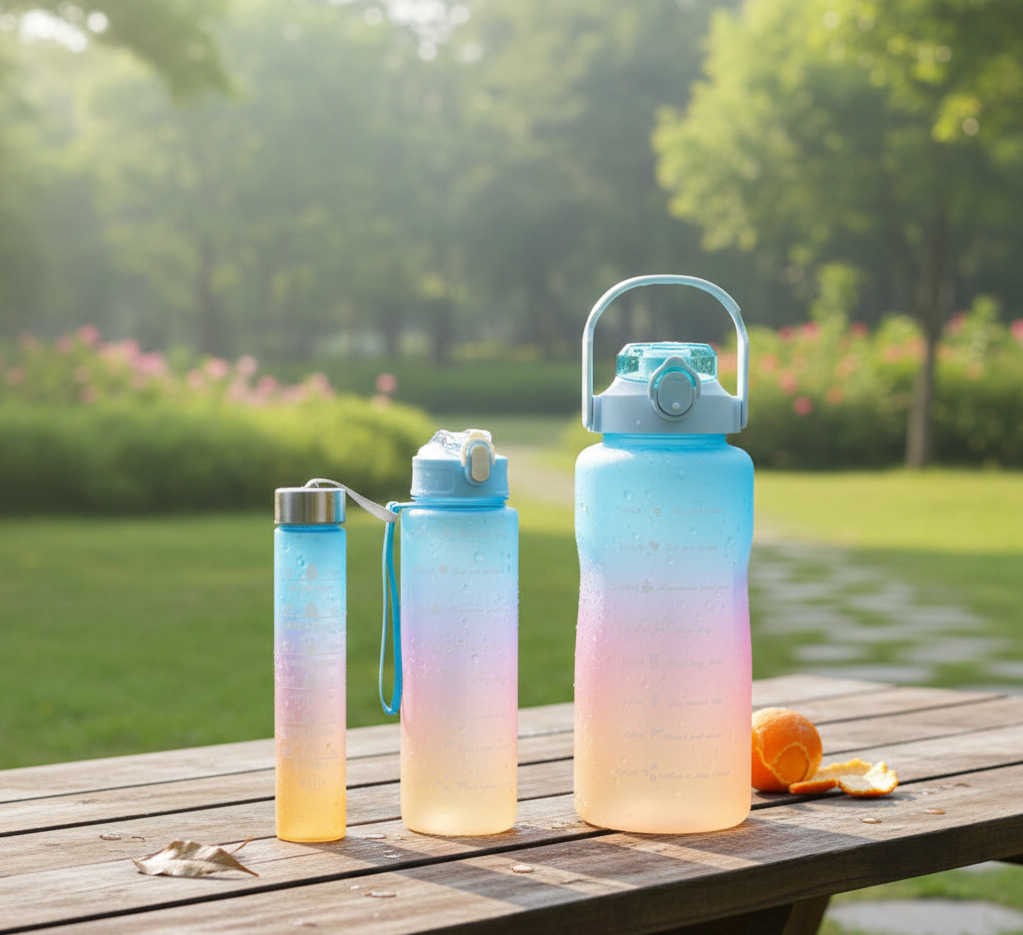 3-Piece Motivational Water Bottle Set with Time Markers & Straw – Leak-Proof, BPA-Free Frosted Gradient Ombre Jugs (2L, 900ml, and 300ml) for Fitness, Gym, and Outdoor Sports View Gallery - Pakistan