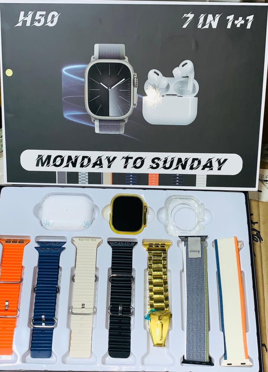 H50 Smart Watch 7‑in‑1 Set | Golden Design | With AirPods &amp; Accessories