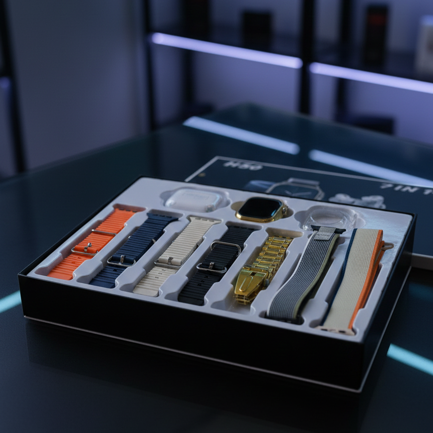 H50 Smart Watch 7‑in‑1 Set | Golden Design | With AirPods & Accessories View Gallery - Pakistan
