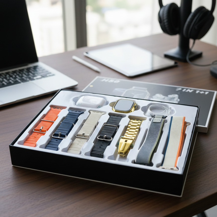 H50 Smart Watch 7‑in‑1 Set | Golden Design | With AirPods & Accessories View Gallery - Pakistan