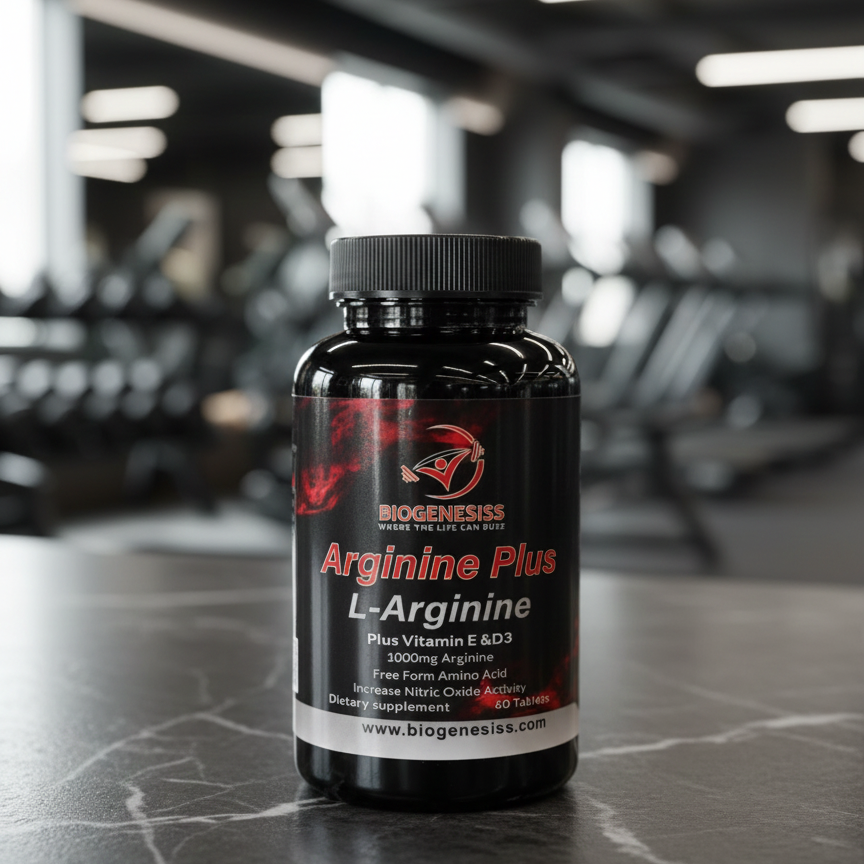 Biogenesiss Arginine Plus Premium L-Arginine Complex – 1000mg Free Form Amino Acid with Vitamins E &amp; D3 for Nitric Oxide Boost, Circulation, and Muscle Recovery (60 Tablets)