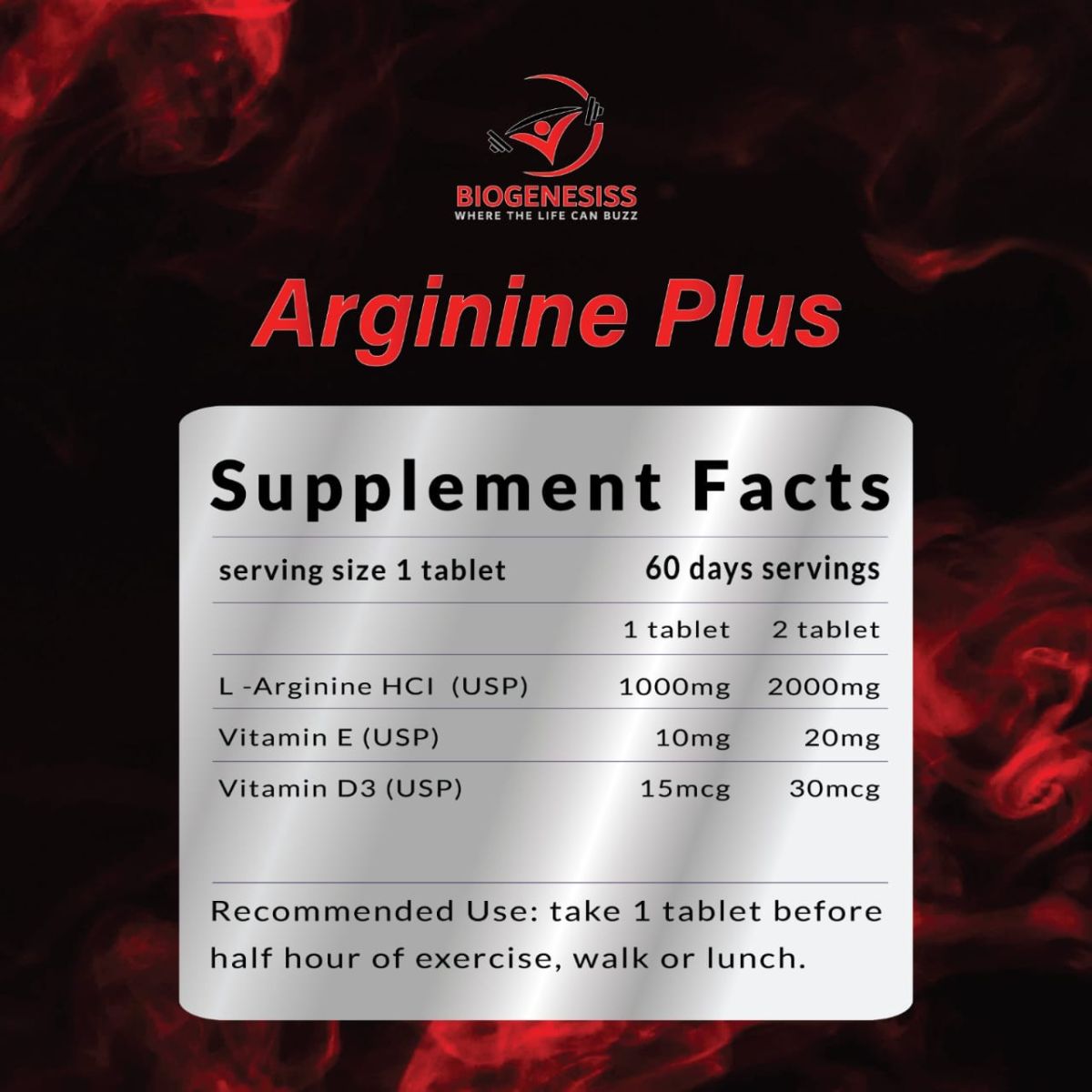 Biogenesiss Arginine Plus Premium L-Arginine Complex – 1000mg Free Form Amino Acid with Vitamins E & D3 for Nitric Oxide Boost, Circulation, and Muscle Recovery (60 Tablets) View Gallery - Pakistan