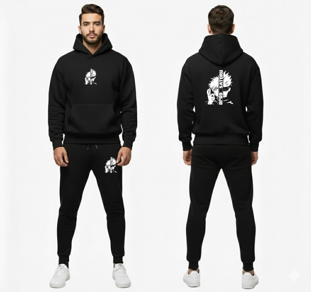 Urban Streetwear Tracksuit – Men’s Heavyweight Black Graphic Hoodie