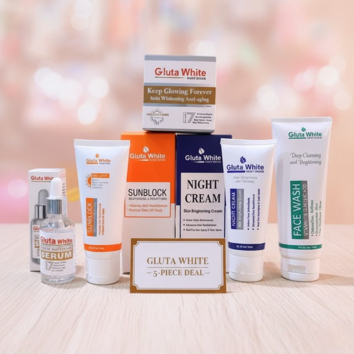 Gluta White 5-Piece Skin Care Set with Face Wash, Serum, Night Cream and Sunblock