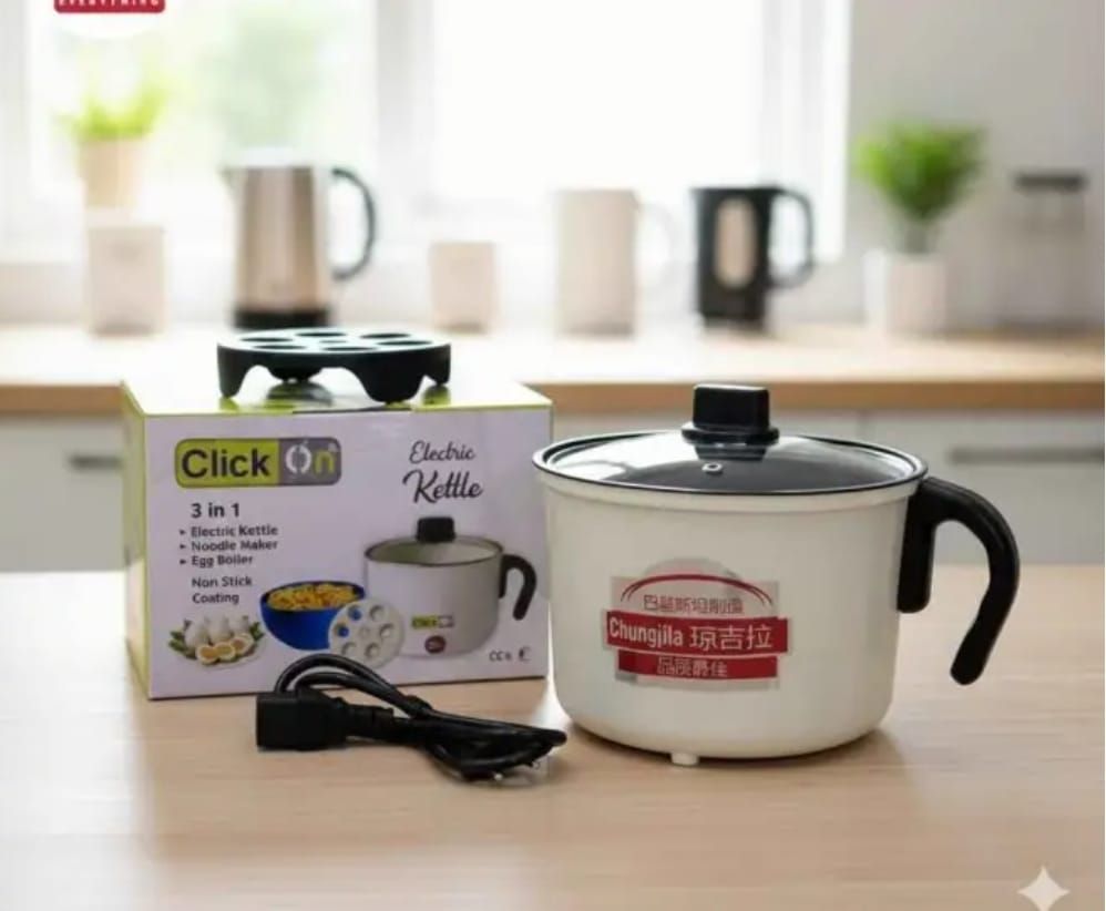 Click On 3-in-1 Multi-Functional Electric Kettle – Noodle Maker, Egg Boiler &amp; Hot Pot with Non-Stick Coating