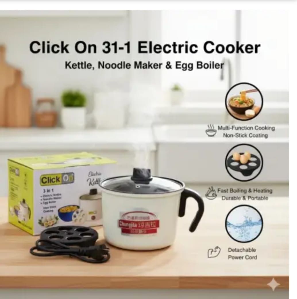 Click On 3-in-1 Multi-Functional Electric Kettle – Noodle Maker, Egg Boiler & Hot Pot with Non-Stick Coating View Gallery - Pakistan