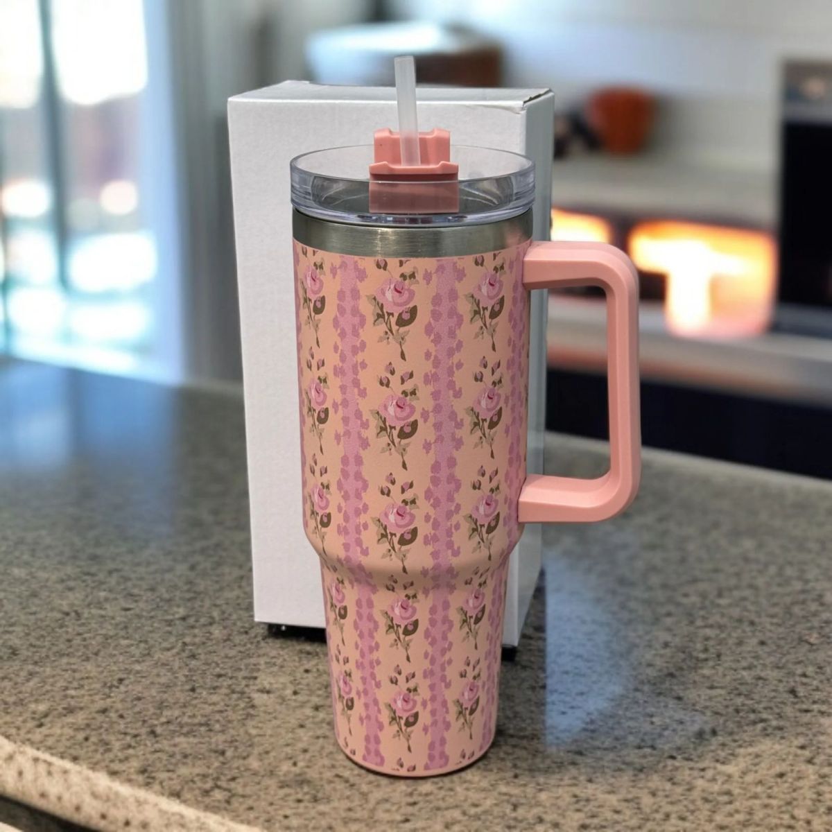 Floral Insulated Travel Tumbler with Ergonomic Handle and Leak-Resistant Lid – 40oz Double-Wall Vacuum Flask ( RANDOM COLOUR ) View Gallery - Pakistan