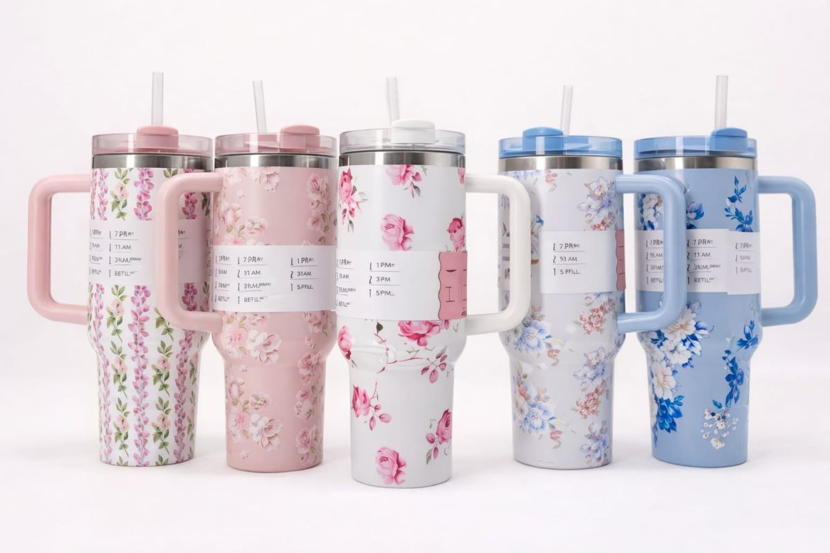 Floral Insulated Travel Tumbler with Ergonomic Handle and Leak-Resistant Lid – 40oz Double-Wall Vacuum Flask ( RANDOM COLOUR ) View Gallery - Pakistan