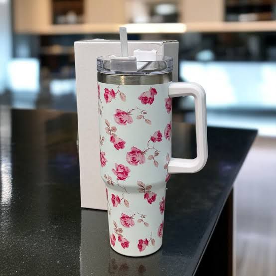 Floral Insulated Travel Tumbler with Ergonomic Handle and Leak-Resistant Lid – 40oz Double-Wall Vacuum Flask ( RANDOM COLOUR ) View Gallery - Pakistan