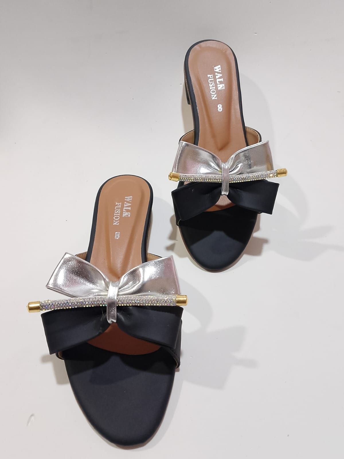 Walk Fusion Luxe Rhinestone-Accented Bow Slides – Elegant Slip-On Flat Sandals View Gallery - Pakistan