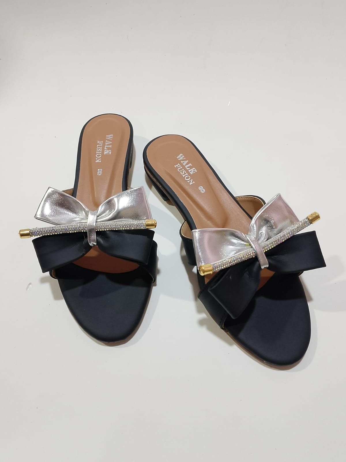 Walk Fusion Luxe Rhinestone-Accented Bow Slides – Elegant Slip-On Flat Sandals View Gallery - Pakistan