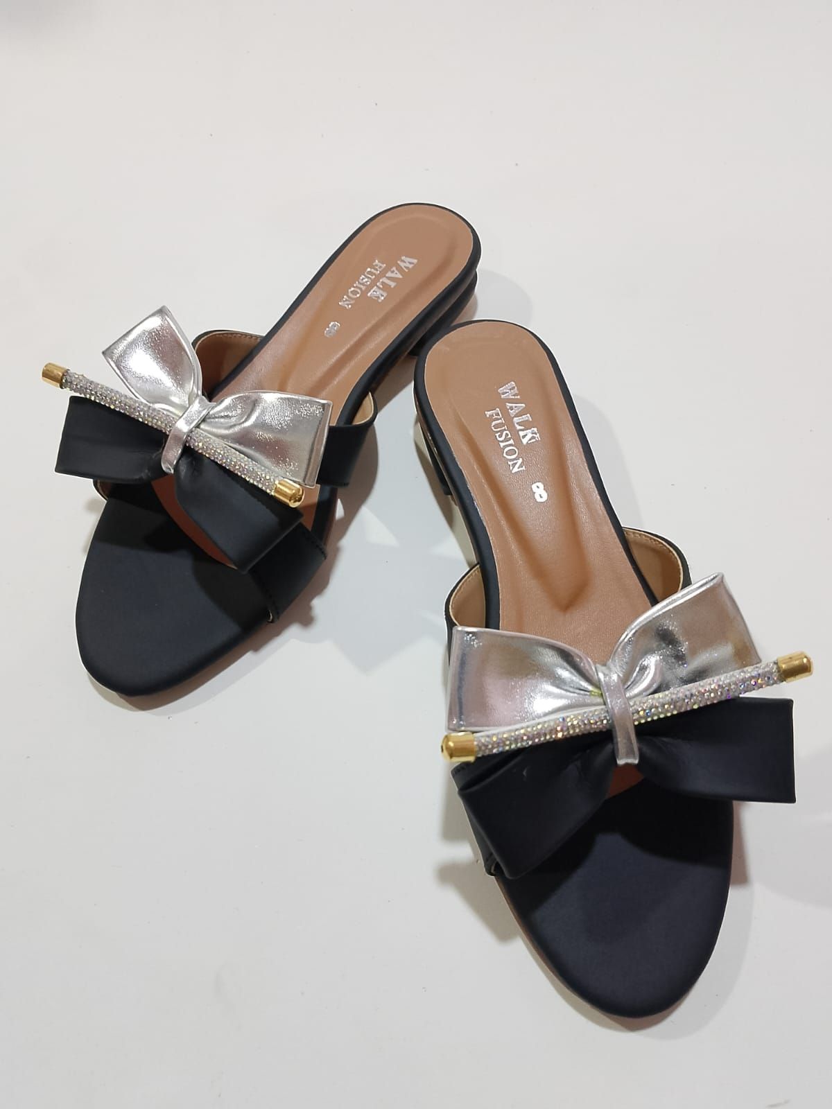 Walk Fusion Luxe Rhinestone-Accented Bow Slides – Elegant Slip-On Flat Sandals View Gallery - Pakistan