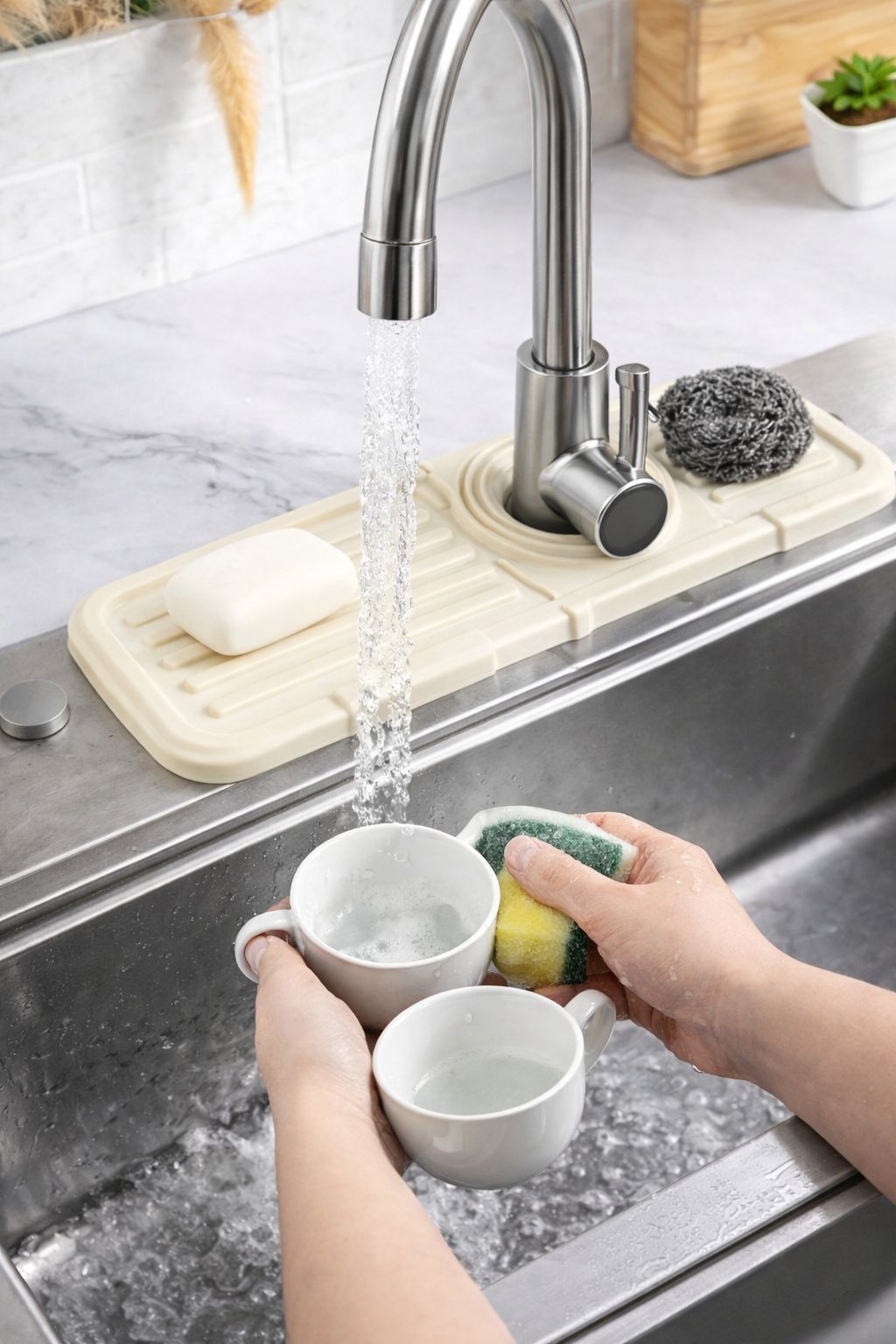 Sink Faucet Mat | Faucet Absorbent Mat Silicon Kitchen Sink Splash Guard Drain Pad | Soap Holder (Random Color) View Gallery - Pakistan
