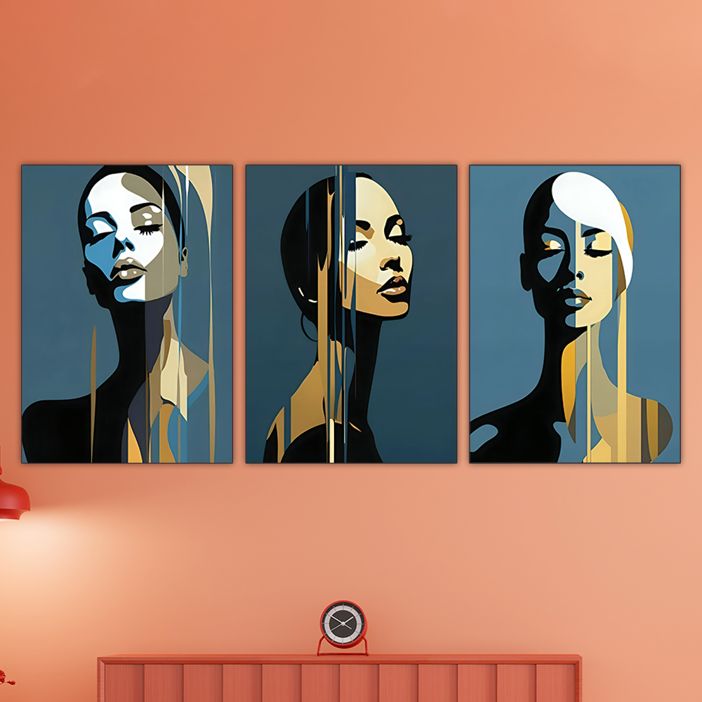 Set of 3 Inspirational Wall Art Wooden Phototile Frames – Abstract Portraits with Gold Accents, 8x11 Inch MDF, Ready to Stick View Gallery - Pakistan