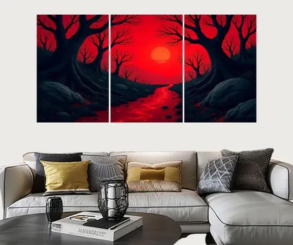 Set of 3 Surreal Red Landscape Wall Art Frames – 8x11" MDF Wood with Adhesive Backing View Gallery - Pakistan