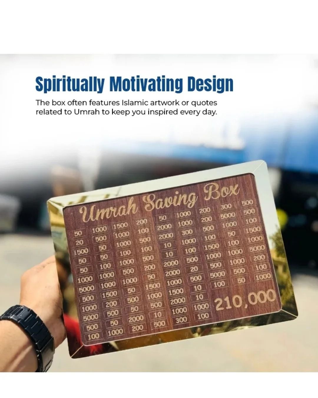 Premium Wooden Umrah Saving Box – 210,000 Savings Goal Challenge Tracker