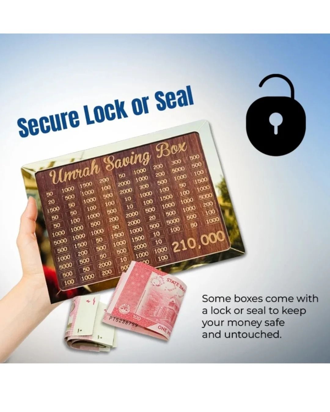 Premium Wooden Umrah Saving Box – 210,000 Savings Goal Challenge Tracker View Gallery - Pakistan