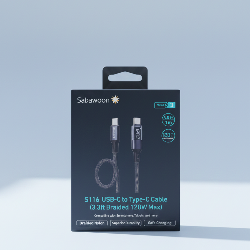 Sabawoon S116 USB-C to USB-C Braided Charging Cable – 120W Max Fast Charge with Integrated LED Power Display (3.3ft/1m) View Gallery - Pakistan