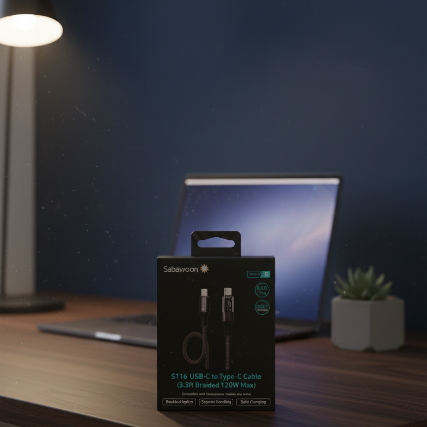Sabawoon S116 USB-C to USB-C Braided Charging Cable – 120W Max Fast Charge with Integrated LED Power Display (3.3ft/1m) View Gallery - Pakistan