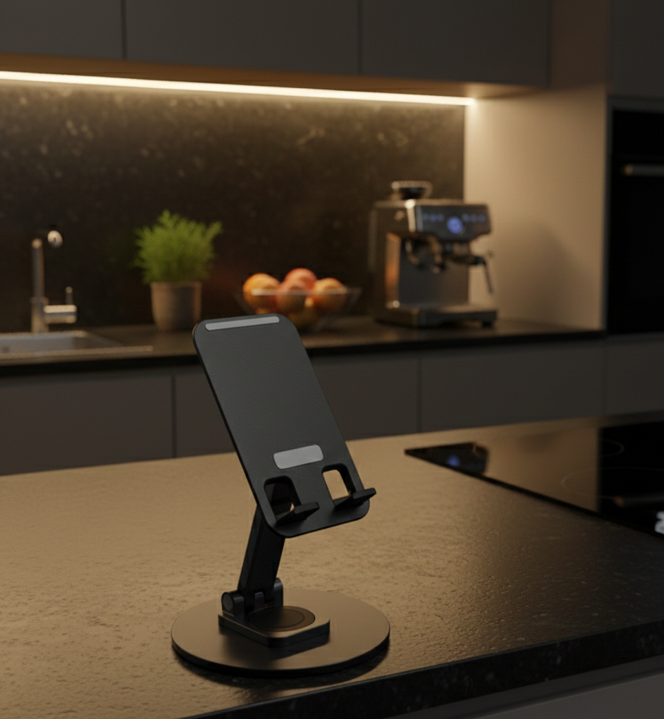 Sleek Matte Black Universal Adjustable Desktop Phone Stand for Home Gym Office and Kitchen Surface Stability View Gallery - Pakistan