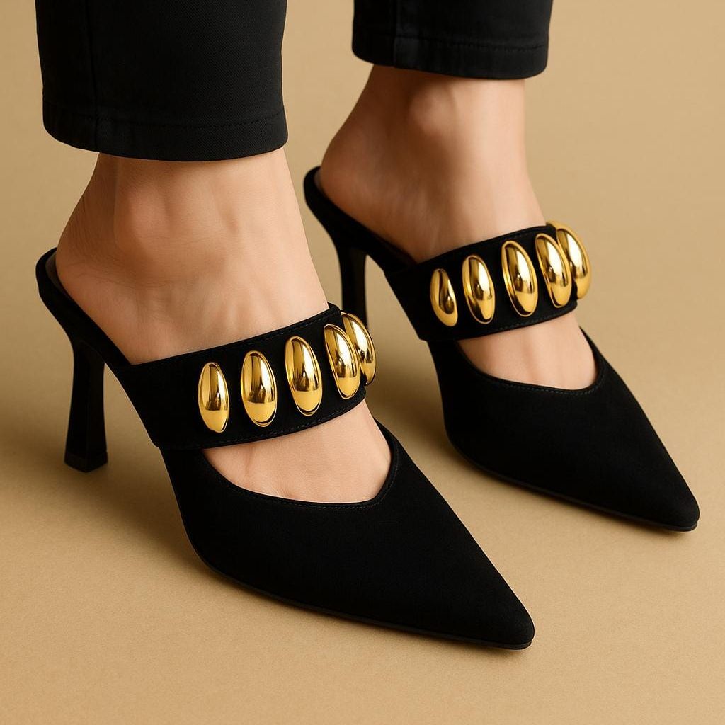 Valentino Garavani Royal VLogo 65 Leather Mules In Black Suede With Gold Tone