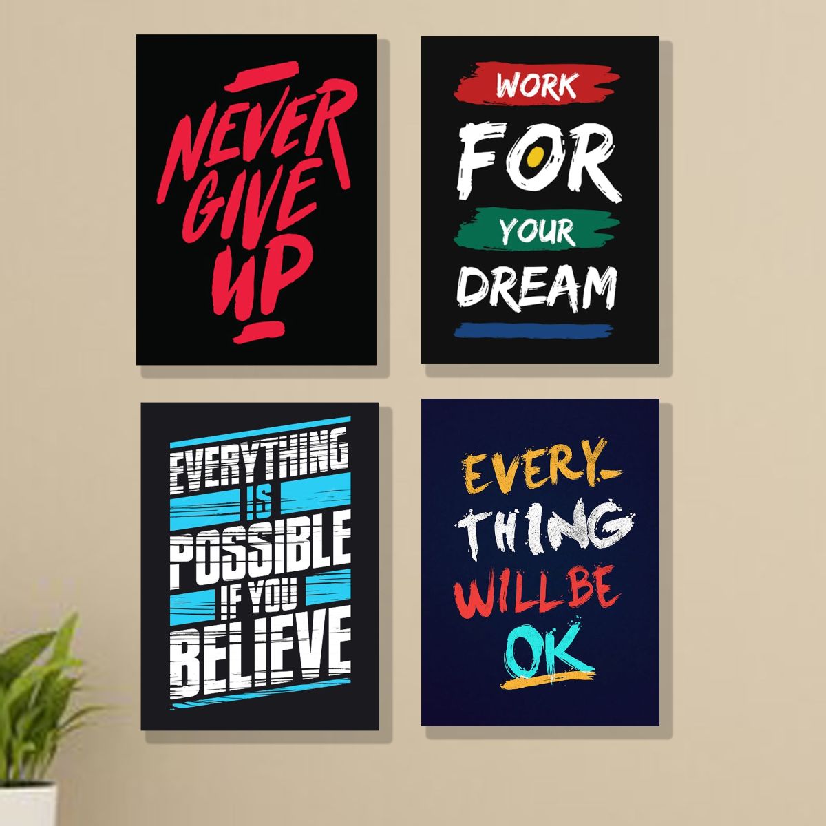 Set of 4 Motivational Wall Art Frames – 8x11" MDF with Sticky Backing