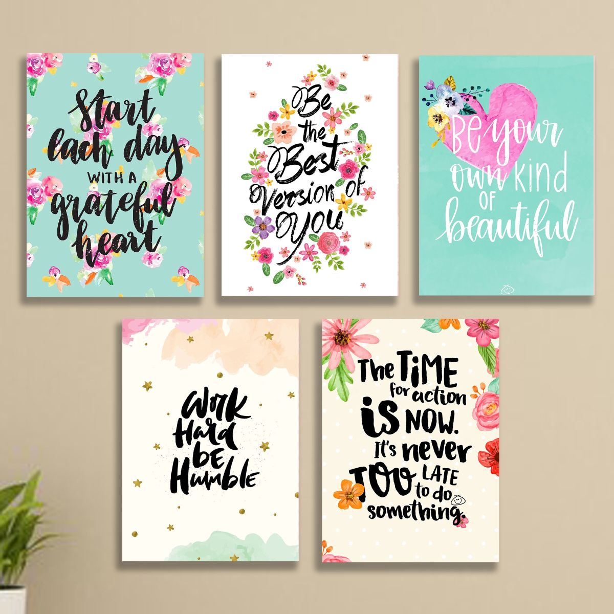 Set of 5 Floral Motivational Wall Art Frames – 8x11" MDF with Sticky Backing View Gallery - Pakistan