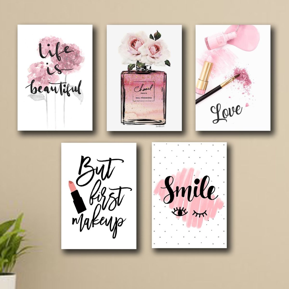 Set of 5 Makeup-Themed Wall Art Frames – 8x11" MDF with Sticky Backing View Gallery - Pakistan